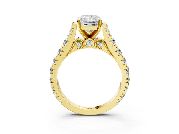 Yellow gold Radiant Cut Diamond Classic Solitaire Ring with Pavé Band and Four-Prong Setting