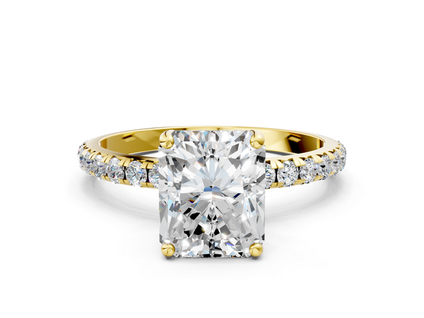 Yellow gold Radiant Cut Diamond Solitaire Ring with Micro Pave Band and Four Prong Setting
