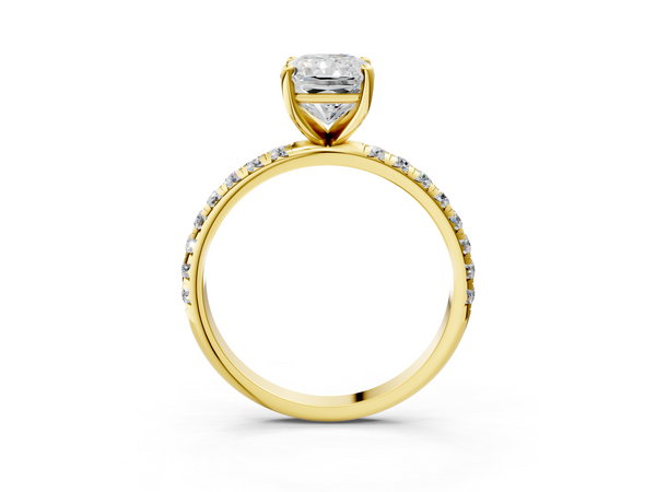 Yellow gold Radiant Cut Diamond Solitaire Ring with Micro Pave Band and Four Prong Setting
