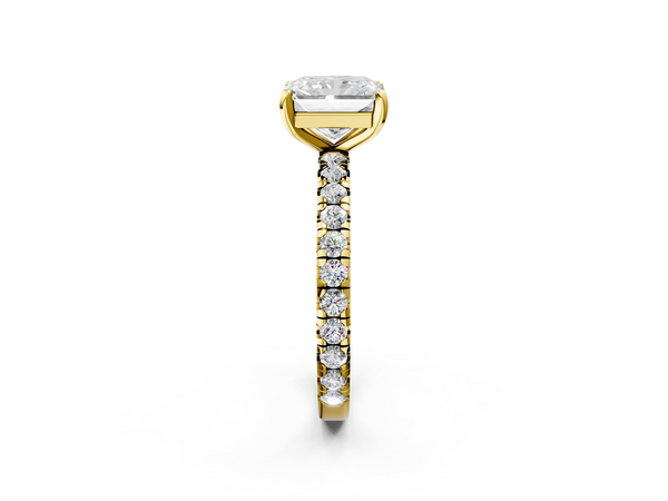 Yellow gold Radiant Cut Diamond Pavé Solitaire Ring with Round Band and Prong Setting