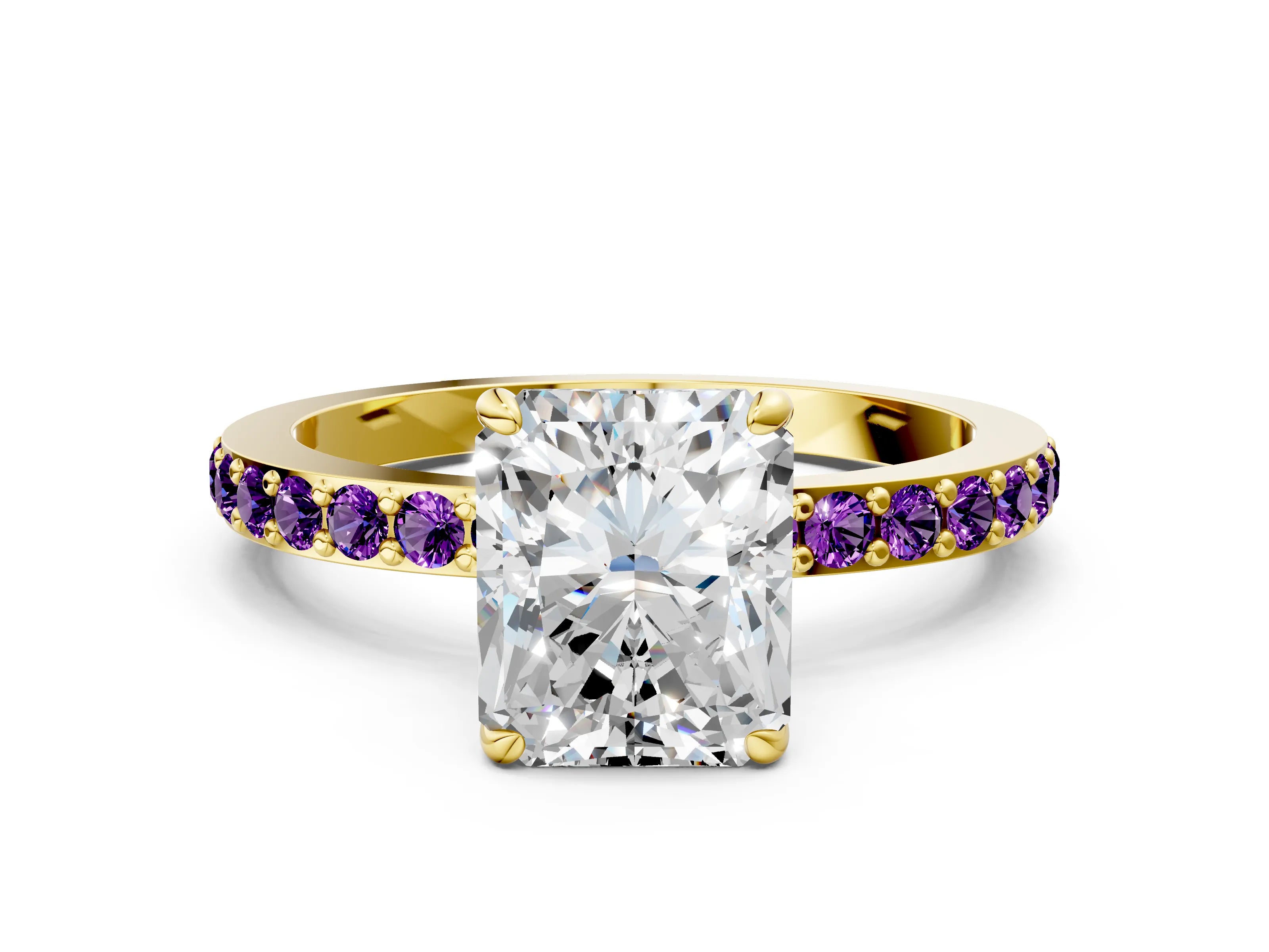 Yellow gold Radiant Cut Diamond Pavé Engagement Ring with Round with Amethyst side stone Accents and Prong Setting