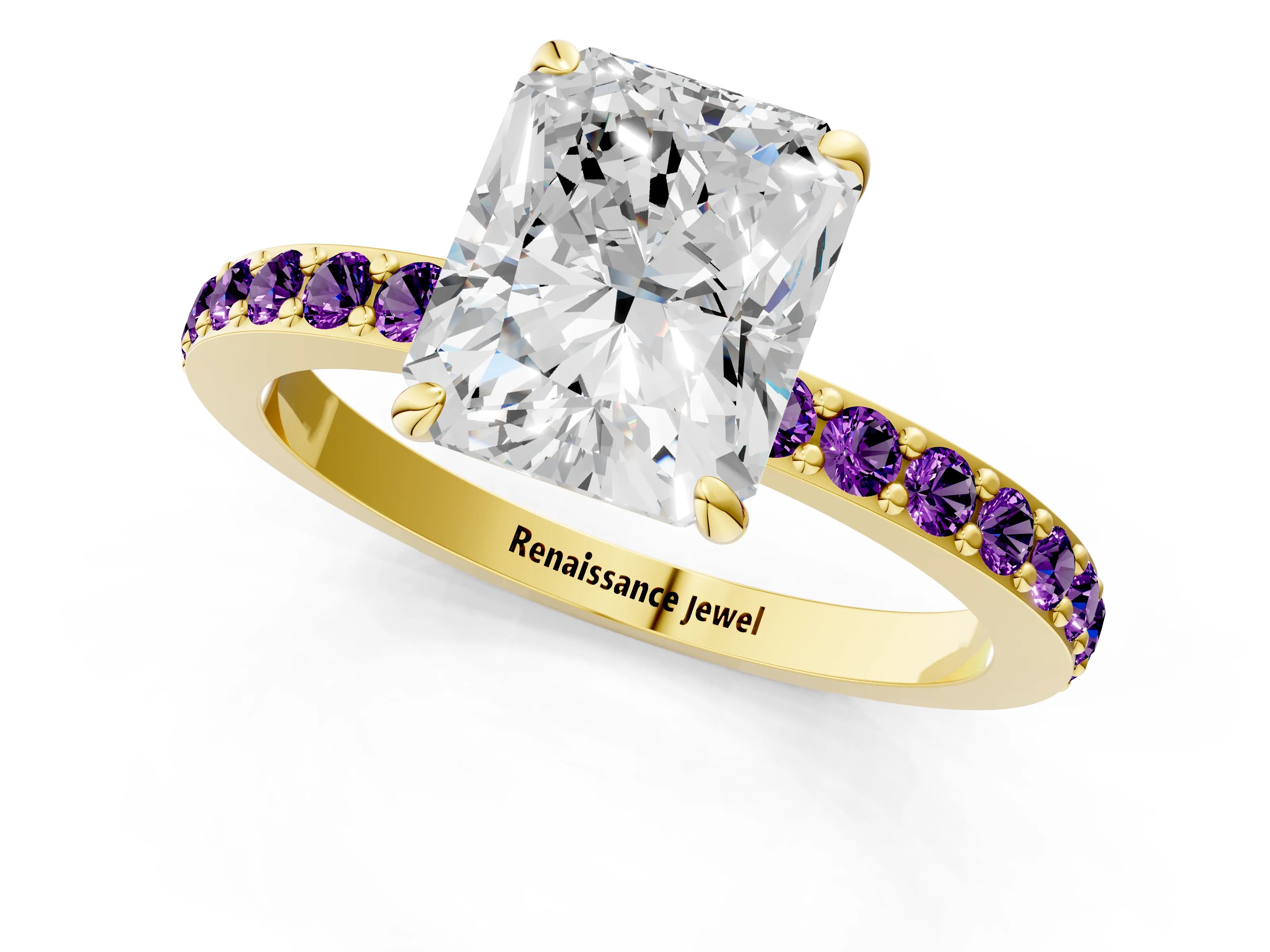 Yellow gold Radiant Cut Diamond Pavé Engagement Ring with Round with Amethyst side stone Accents and Prong Setting_1