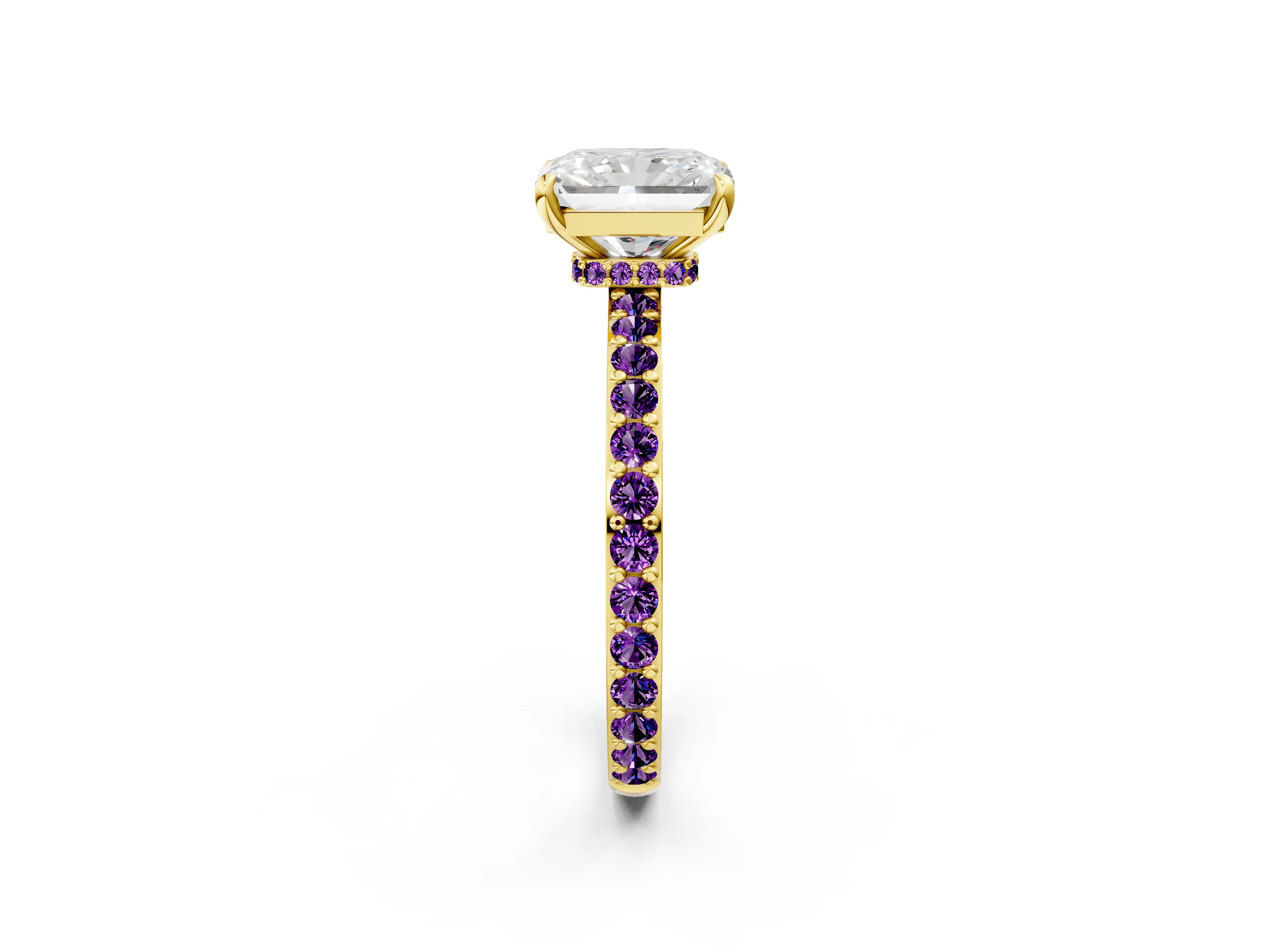 Yellow gold Radiant Cut Diamond Pavé Engagement Ring with Round with Amethyst side stone Accents and Prong Setting_2