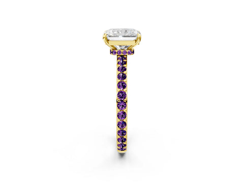 Yellow gold Radiant Cut Diamond Pavé Engagement Ring with Round with Amethyst side stone Accents and Prong Setting_2