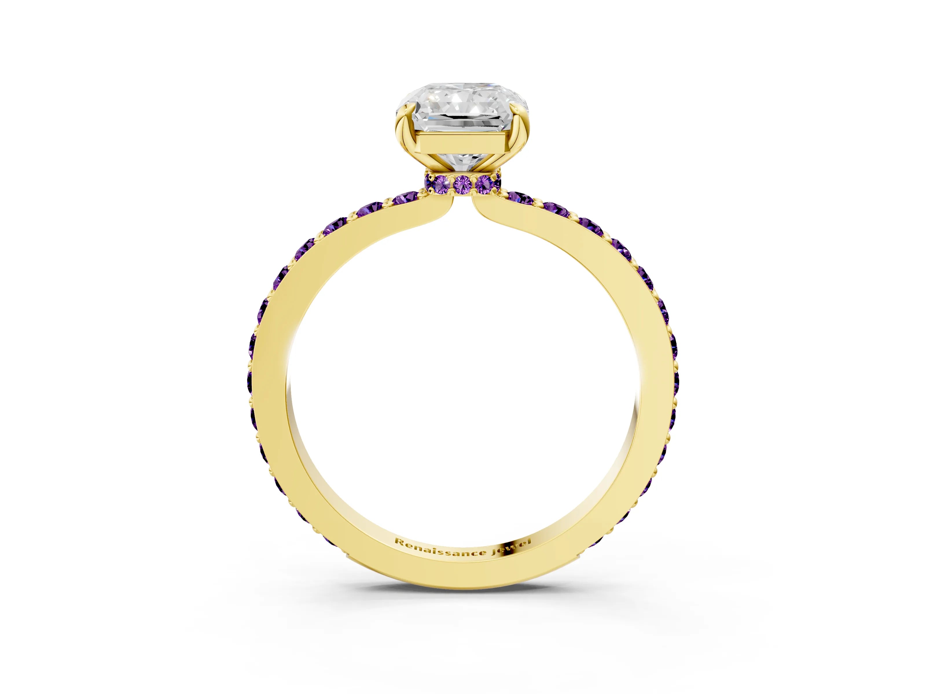 Yellow gold Radiant Cut Diamond Pavé Engagement Ring with Round with Amethyst side stone Accents and Prong Setting_3