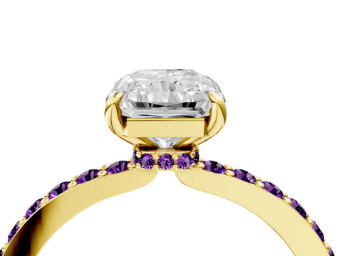 Yellow gold Radiant Cut Diamond Pavé Engagement Ring with Round with Amethyst side stone Accents and Prong Setting_4