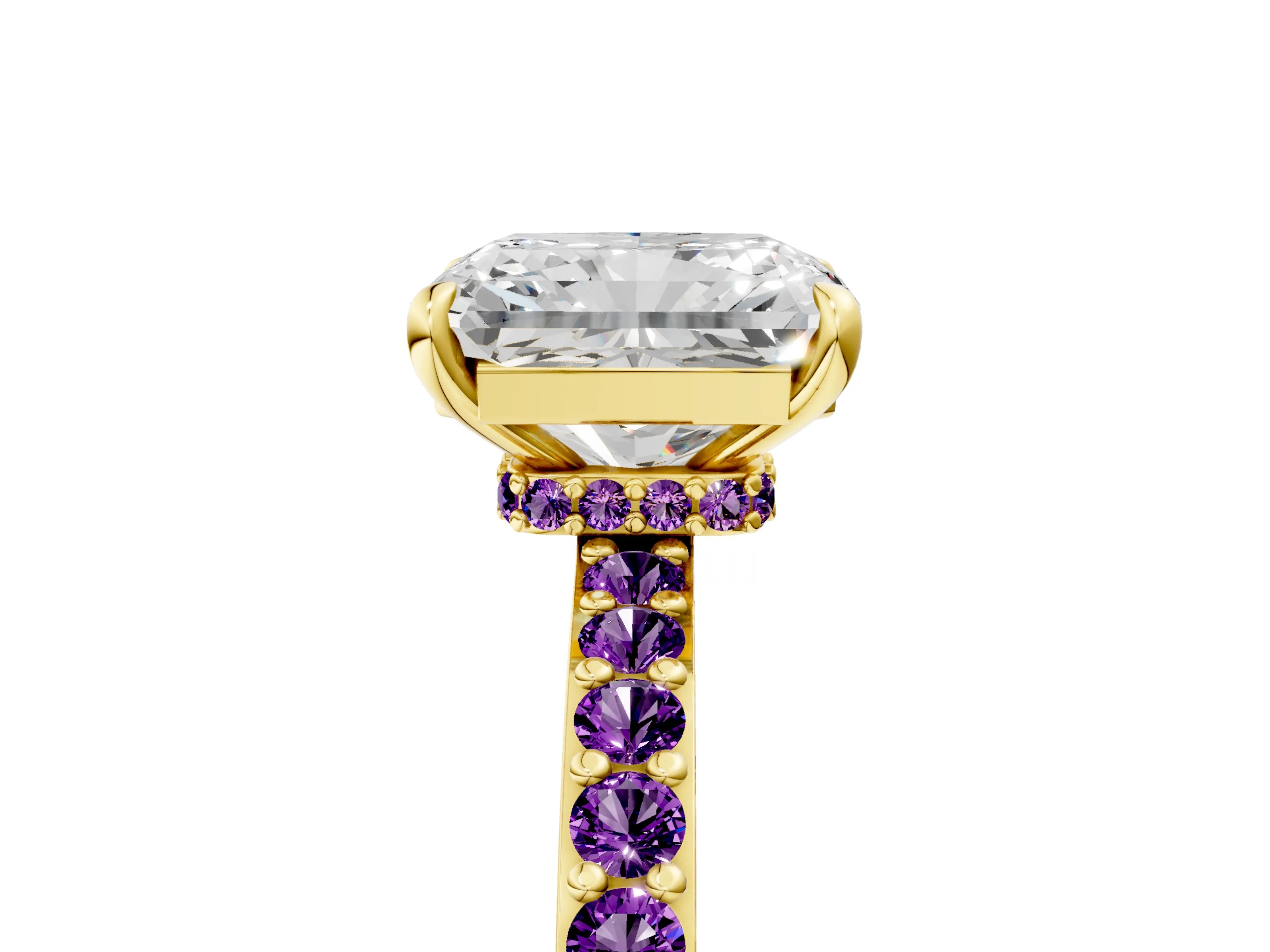 Yellow gold Radiant Cut Diamond Pavé Engagement Ring with Round with Amethyst side stone Accents and Prong Setting_5