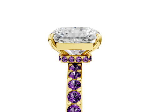 Yellow gold Radiant Cut Diamond Pavé Engagement Ring with Round with Amethyst side stone Accents and Prong Setting_5