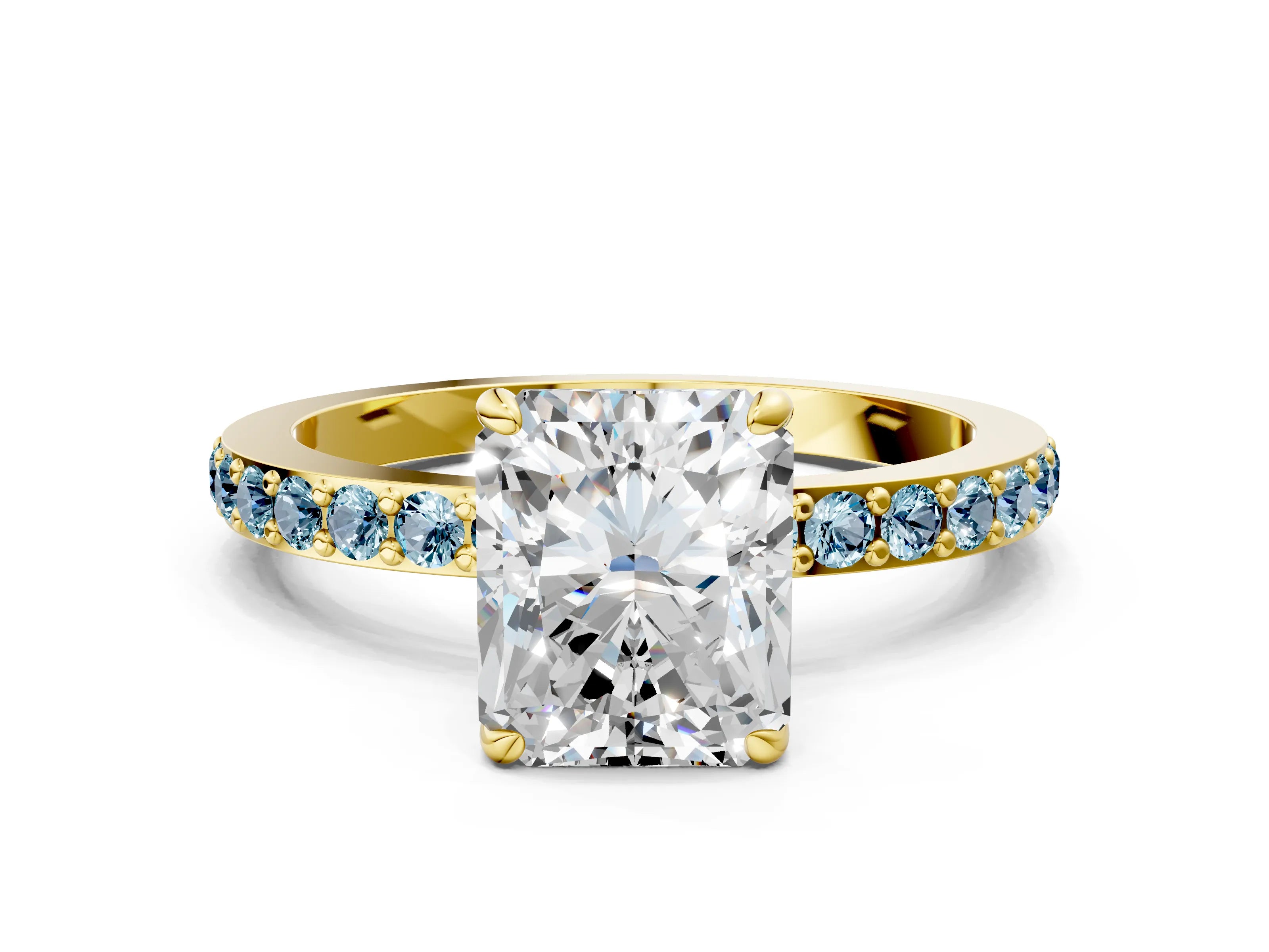 Yellow gold Radiant Cut Diamond Pavé Engagement Ring with Round with Aquamarine side stone Accents and Prong Setting