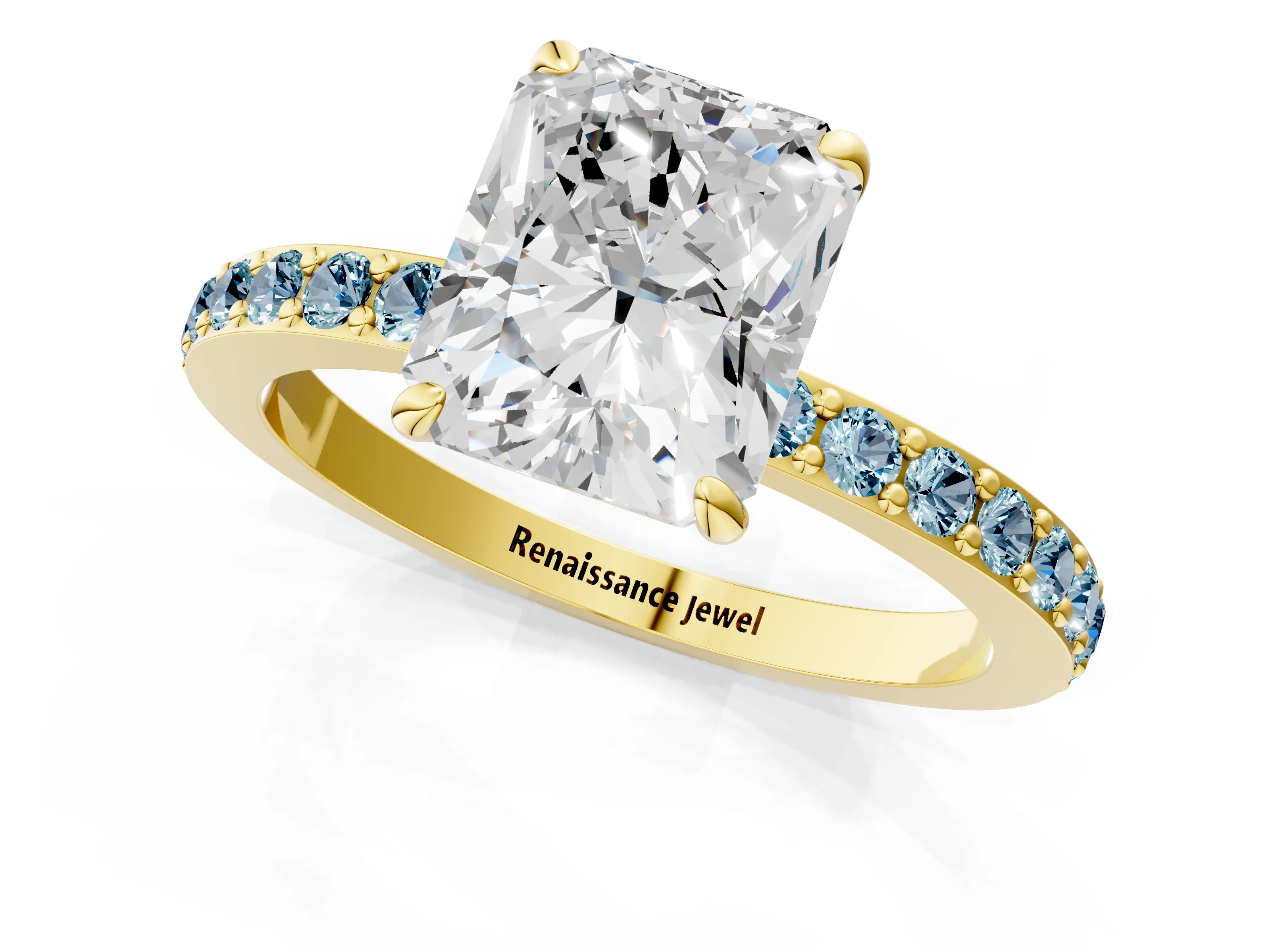 Yellow gold Radiant Cut Diamond Pavé Engagement Ring with Round with Aquamarine side stone Accents and Prong Setting_1