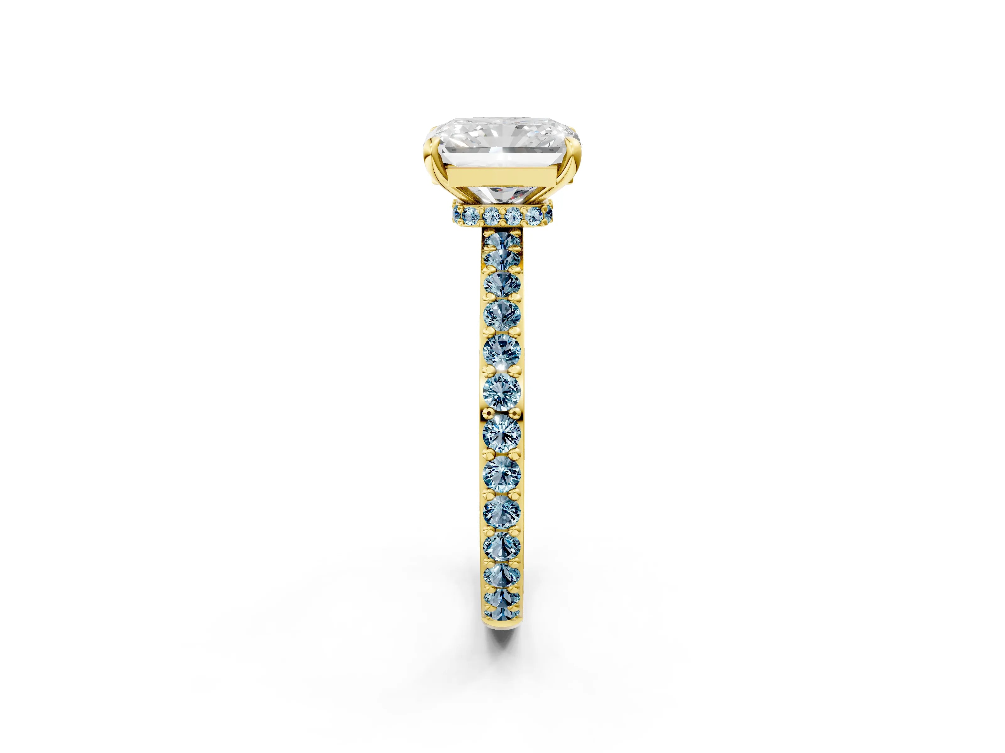 Yellow gold Radiant Cut Diamond Pavé Engagement Ring with Round with Aquamarine side stone Accents and Prong Setting_2