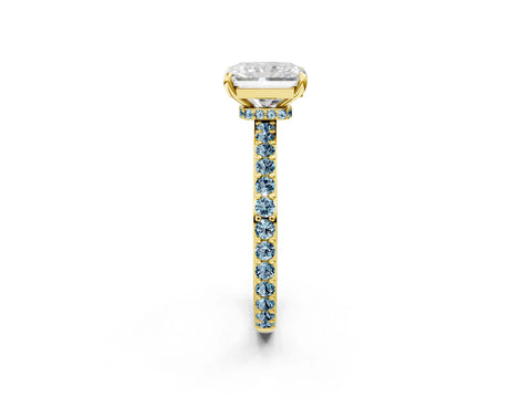 Yellow gold Radiant Cut Diamond Pavé Engagement Ring with Round with Aquamarine side stone Accents and Prong Setting_2
