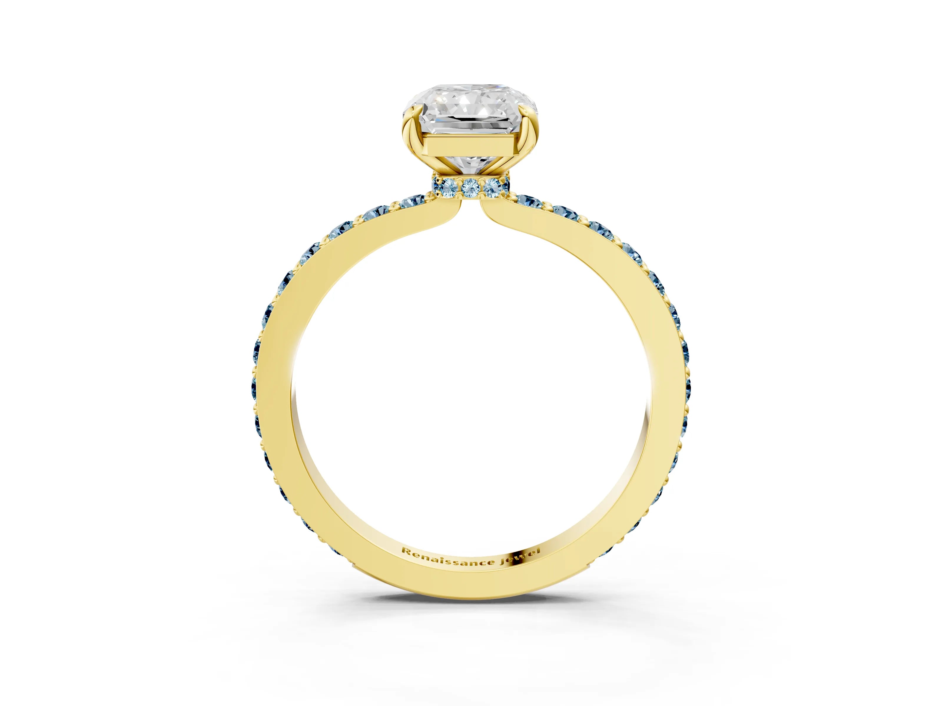 Yellow gold Radiant Cut Diamond Pavé Engagement Ring with Round with Aquamarine side stone Accents and Prong Setting_3