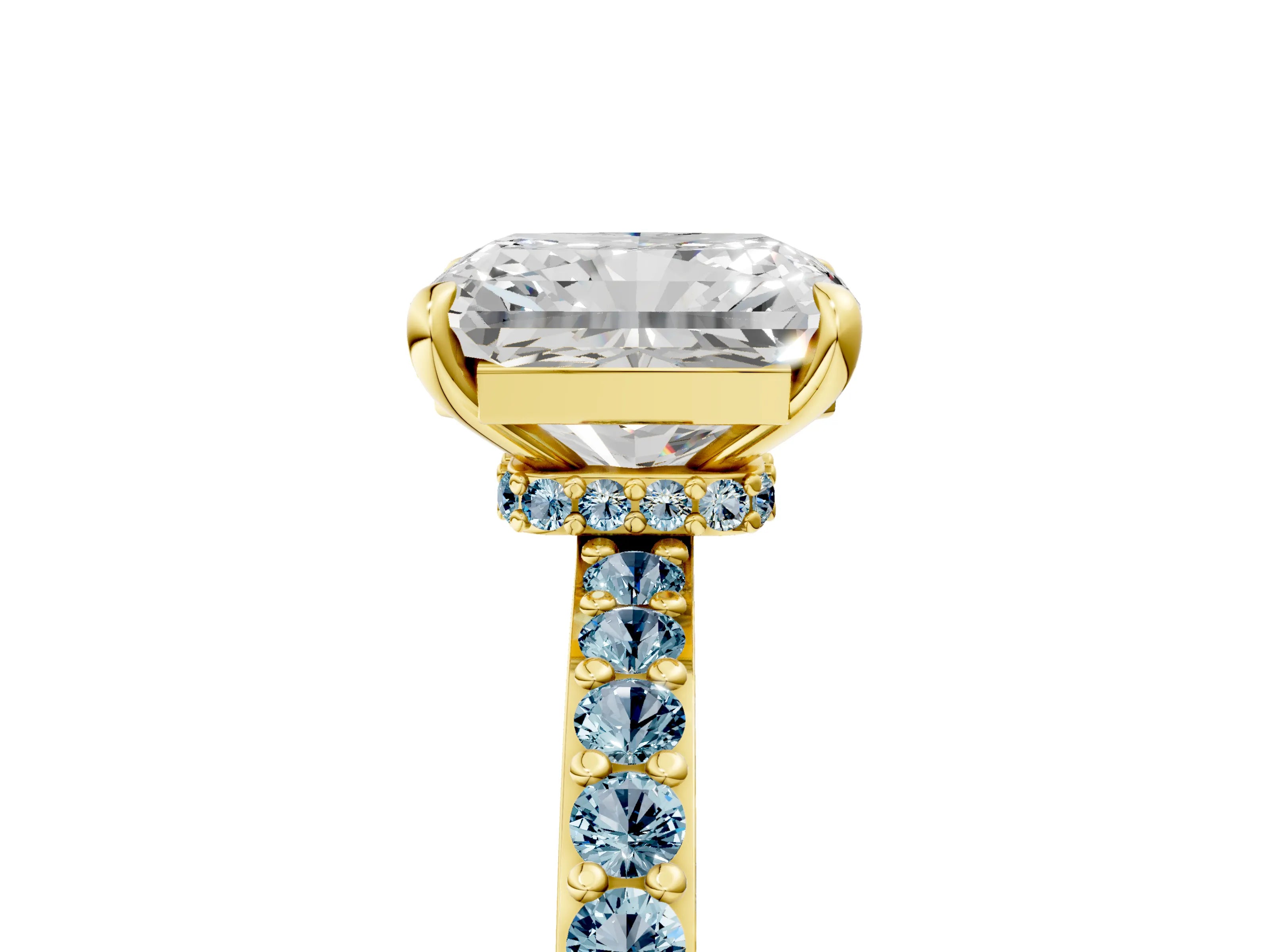 Yellow gold Radiant Cut Diamond Pavé Engagement Ring with Round with Aquamarine side stone Accents and Prong Setting_5