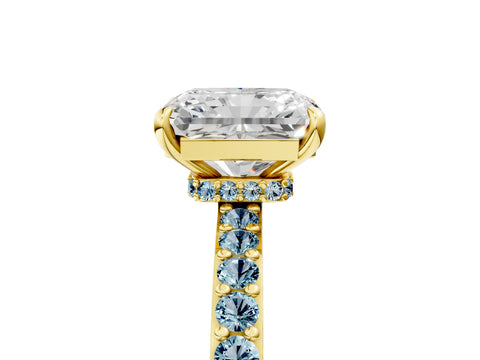 Yellow gold Radiant Cut Diamond Pavé Engagement Ring with Round with Aquamarine side stone Accents and Prong Setting_5