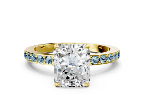 Yellow gold Radiant Cut Diamond Pavé Engagement Ring with Round with Aquamarine side stone Accents and Prong Setting