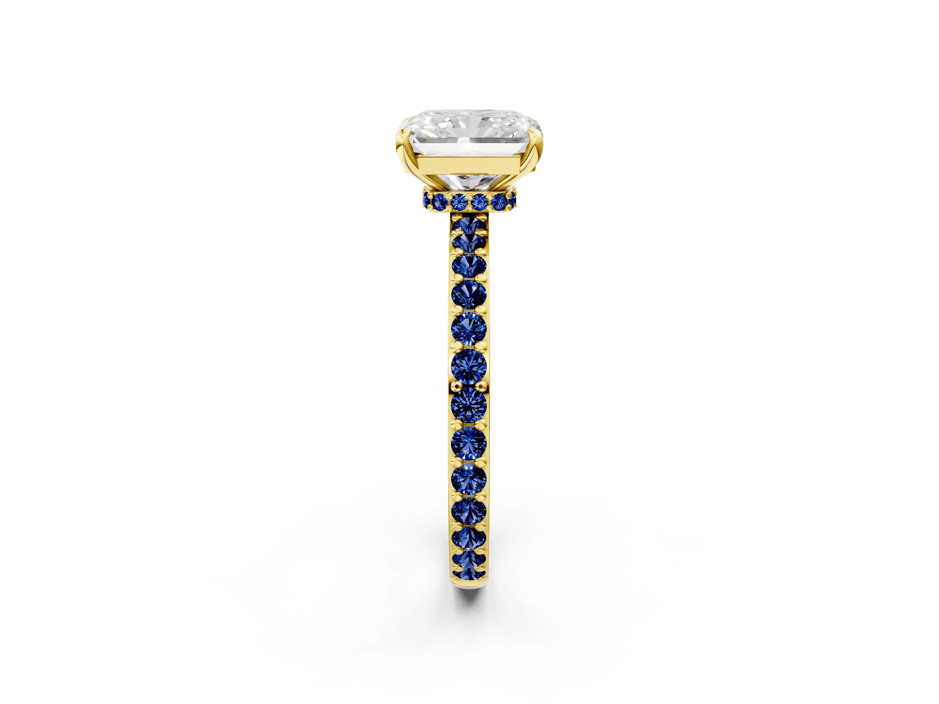 Yellow gold Radiant Cut Diamond Pavé Engagement Ring with Round with Blue Sapphire side stone Accents and Prong Setting_2