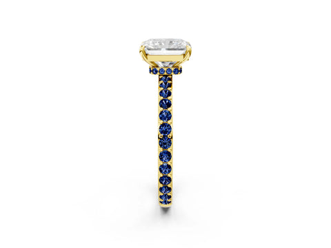 Yellow gold Radiant Cut Diamond Pavé Engagement Ring with Round with Blue Sapphire side stone Accents and Prong Setting_2