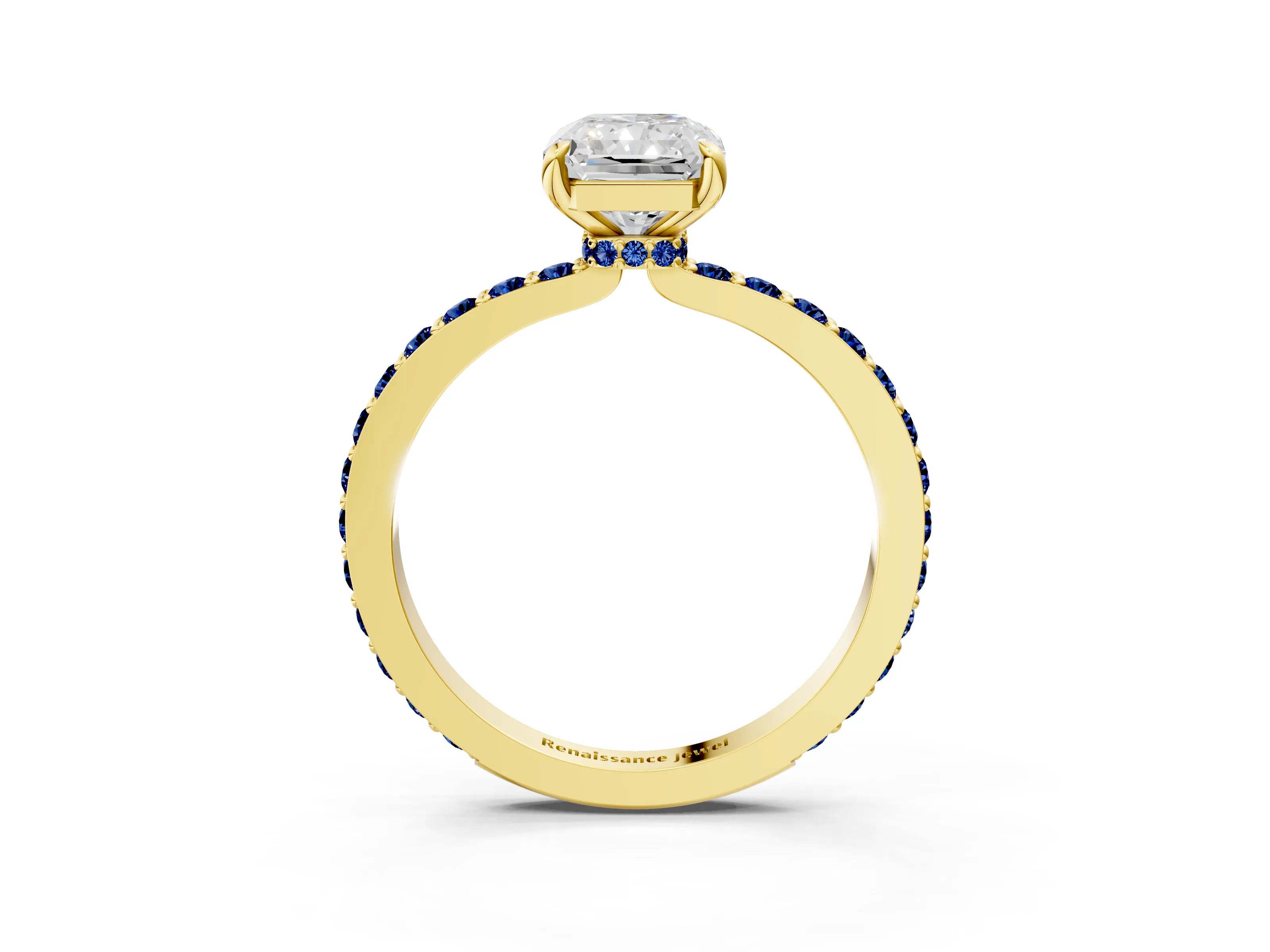 Yellow gold Radiant Cut Diamond Pavé Engagement Ring with Round with Blue Sapphire side stone Accents and Prong Setting_3