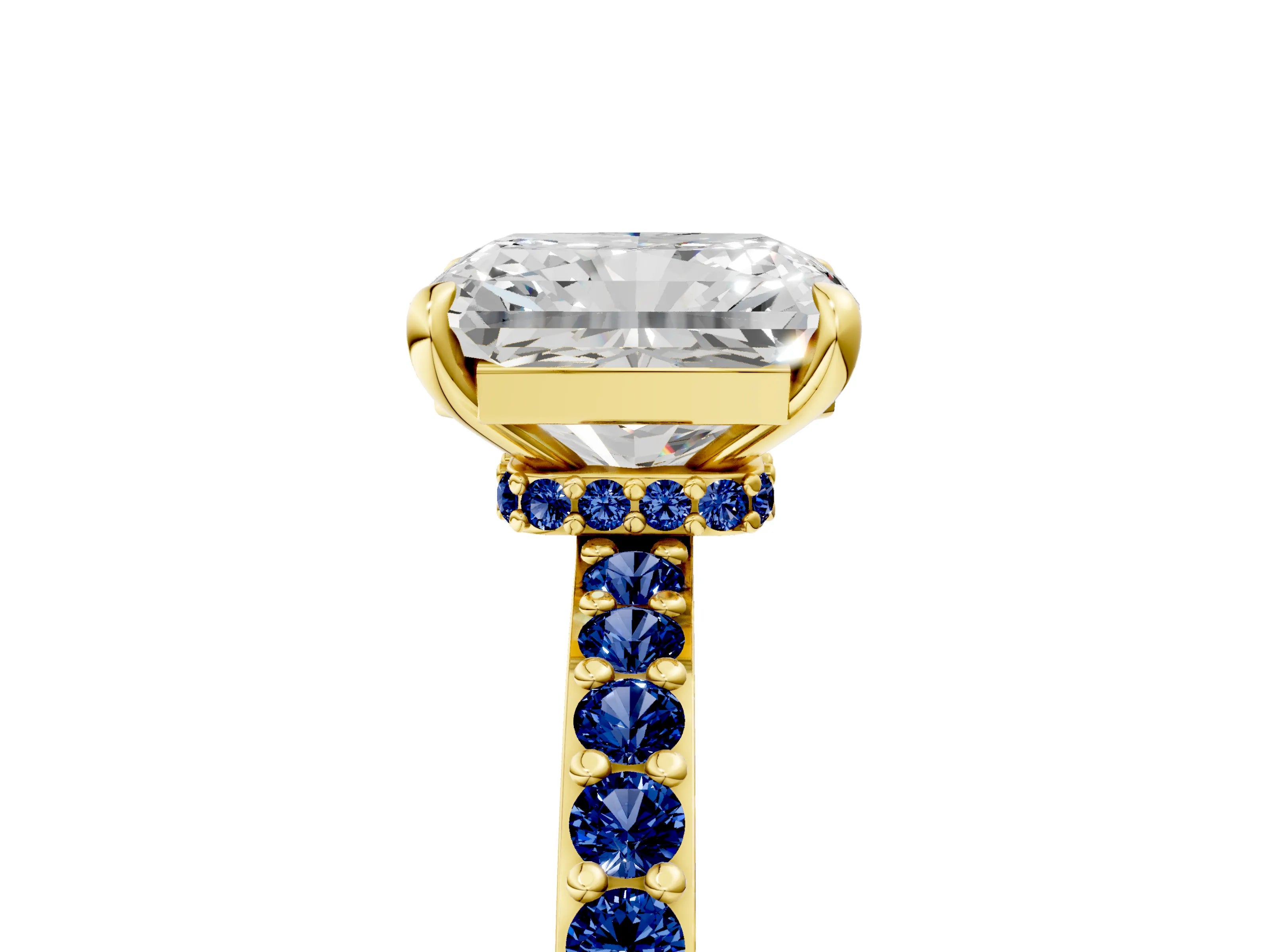 Yellow gold Radiant Cut Diamond Pavé Engagement Ring with Round with Blue Sapphire side stone Accents and Prong Setting_5