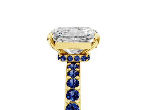 Yellow gold Radiant Cut Diamond Pavé Engagement Ring with Round with Blue Sapphire side stone Accents and Prong Setting_5