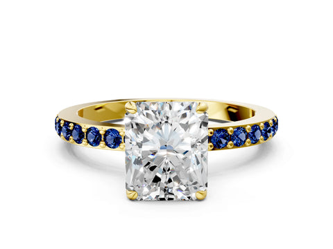 Yellow gold Radiant Cut Diamond Pavé Engagement Ring with Round with Blue Sapphire side stone Accents and Prong Setting