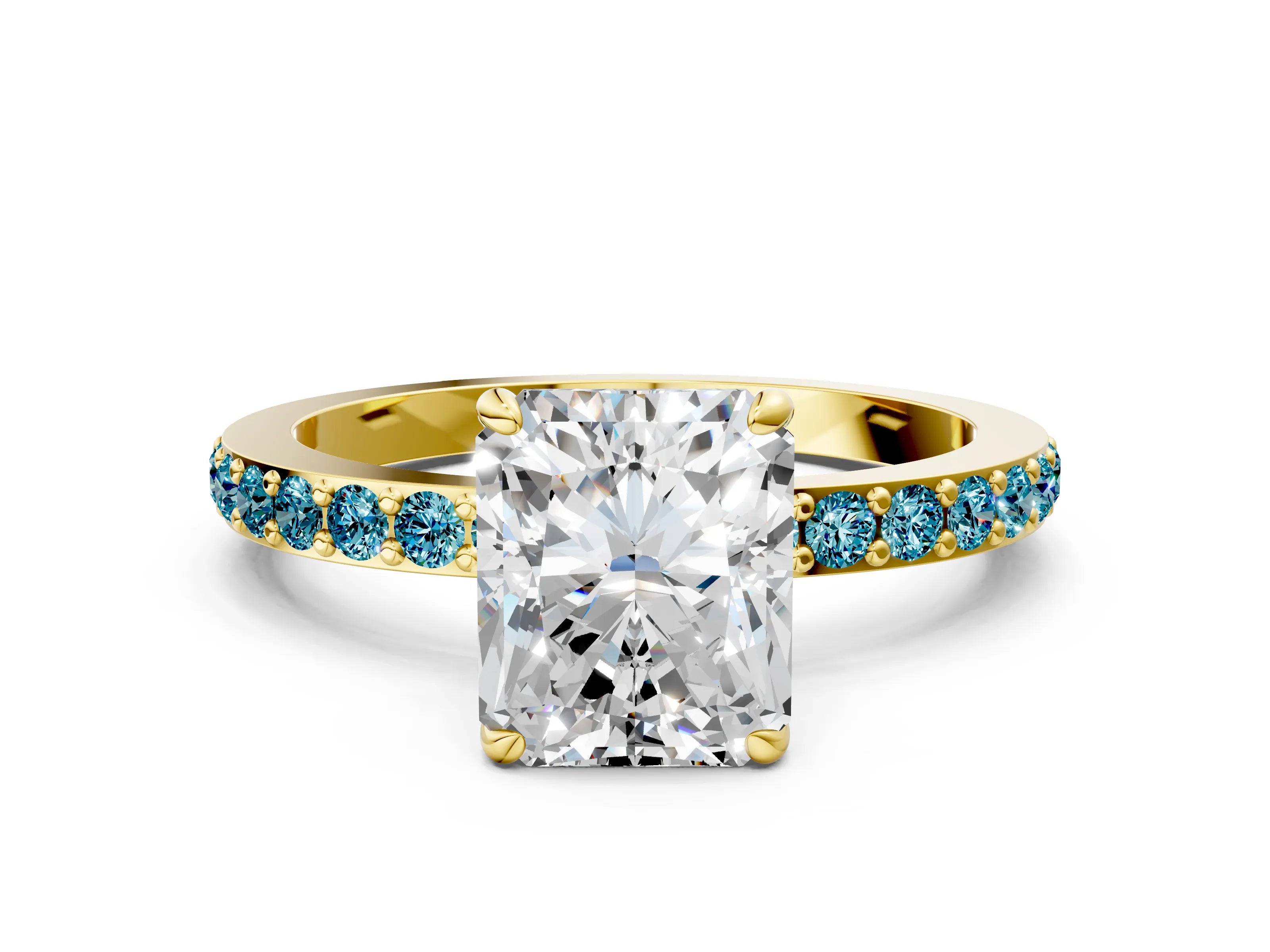 Yellow gold Radiant Cut Diamond Pavé Engagement Ring with Round with Blue Topaz side stone Accents and Prong Setting