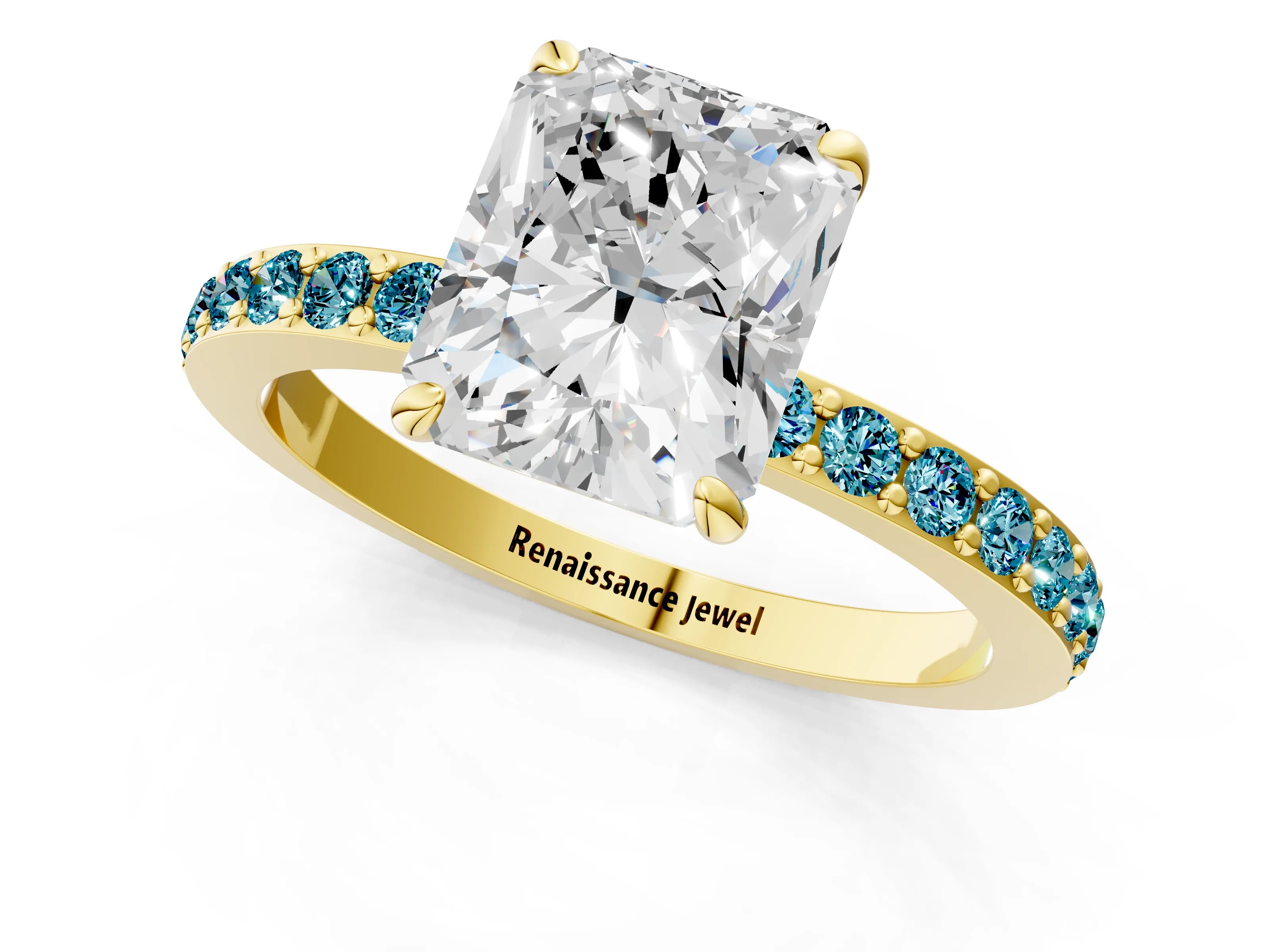Yellow gold Radiant Cut Diamond Pavé Engagement Ring with Round with Blue Topaz side stone Accents and Prong Setting_1