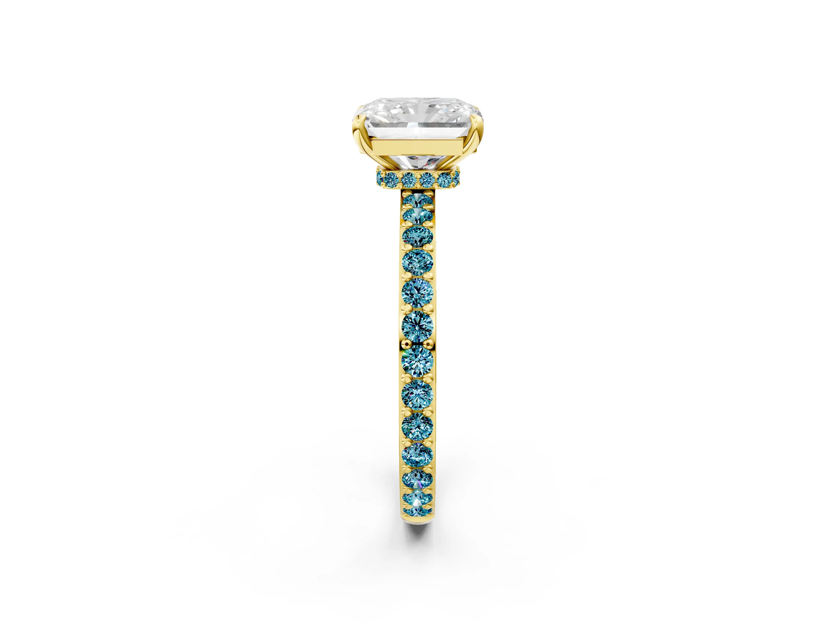 Yellow gold Radiant Cut Diamond Pavé Engagement Ring with Round with Blue Topaz side stone Accents and Prong Setting_2