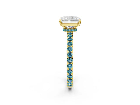 Yellow gold Radiant Cut Diamond Pavé Engagement Ring with Round with Blue Topaz side stone Accents and Prong Setting_2