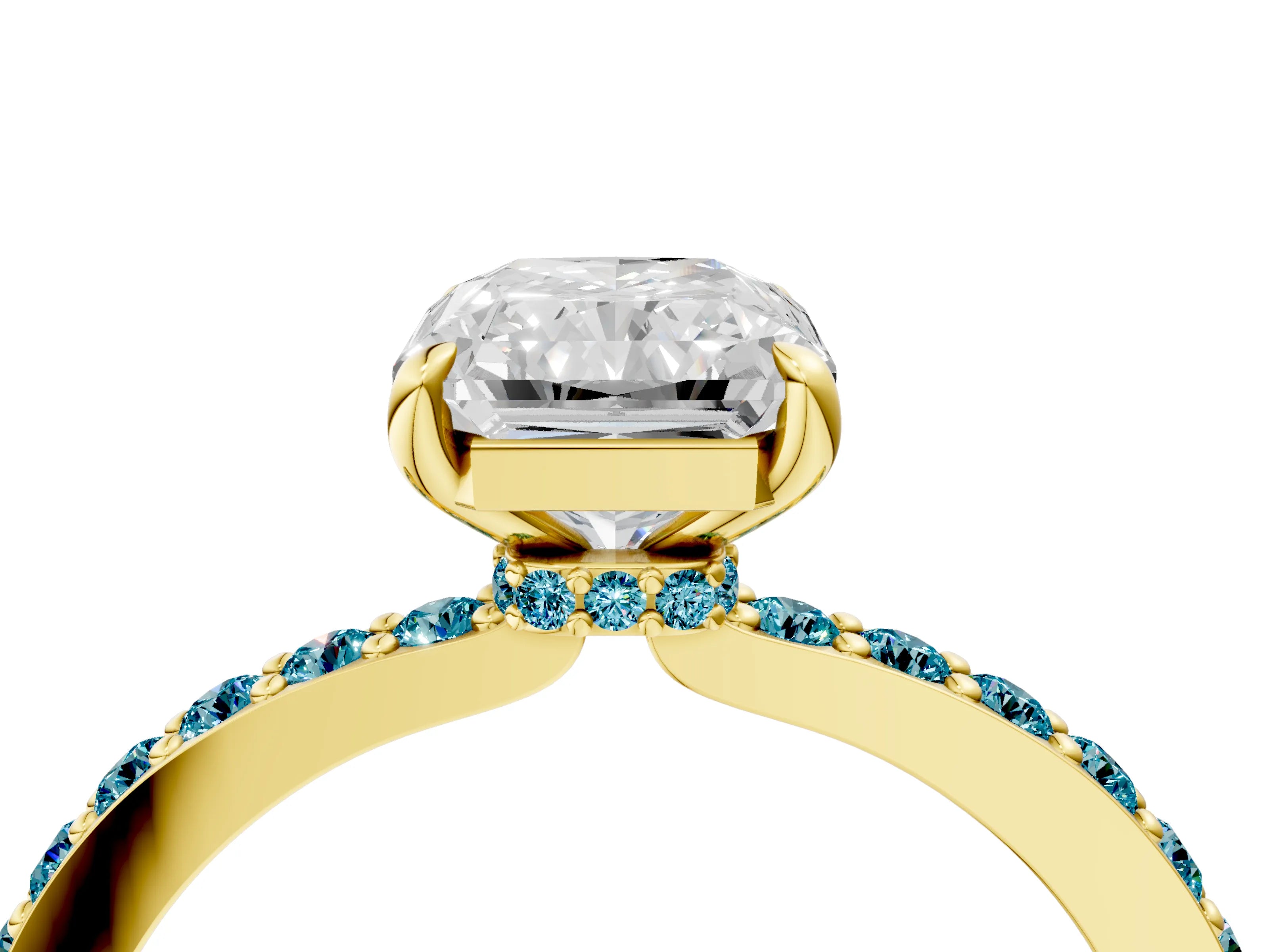 Yellow gold Radiant Cut Diamond Pavé Engagement Ring with Round with Blue Topaz side stone Accents and Prong Setting_4