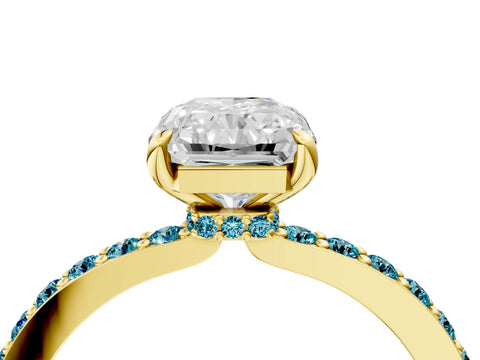 Yellow gold Radiant Cut Diamond Pavé Engagement Ring with Round with Blue Topaz side stone Accents and Prong Setting_4