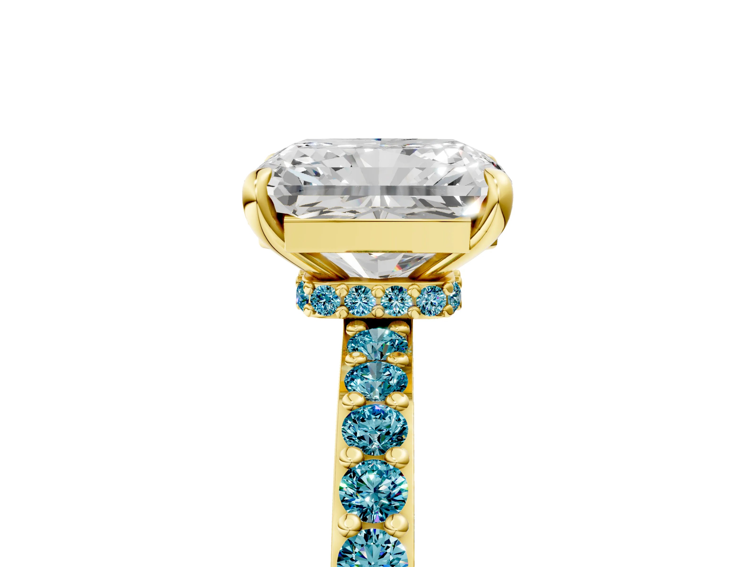 Yellow gold Radiant Cut Diamond Pavé Engagement Ring with Round with Blue Topaz side stone Accents and Prong Setting_5