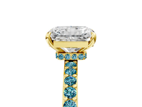 Yellow gold Radiant Cut Diamond Pavé Engagement Ring with Round with Blue Topaz side stone Accents and Prong Setting_5