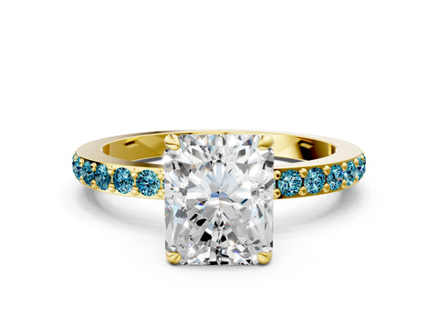 Yellow gold Radiant Cut Diamond Pavé Engagement Ring with Round with Blue Topaz side stone Accents and Prong Setting