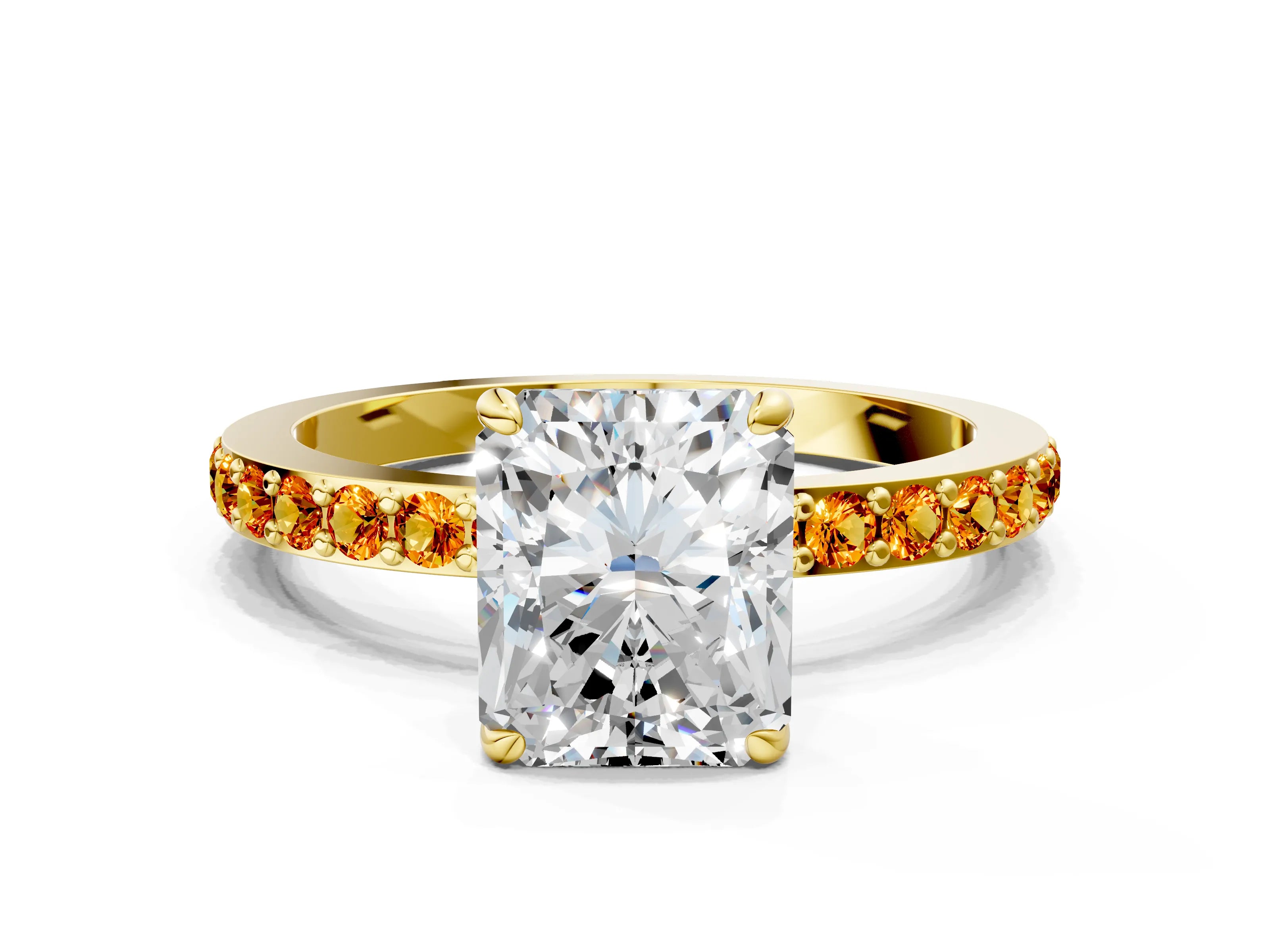 Yellow gold Radiant Cut Diamond Pavé Engagement Ring with Round with Citrine side stone Accents and Prong Setting