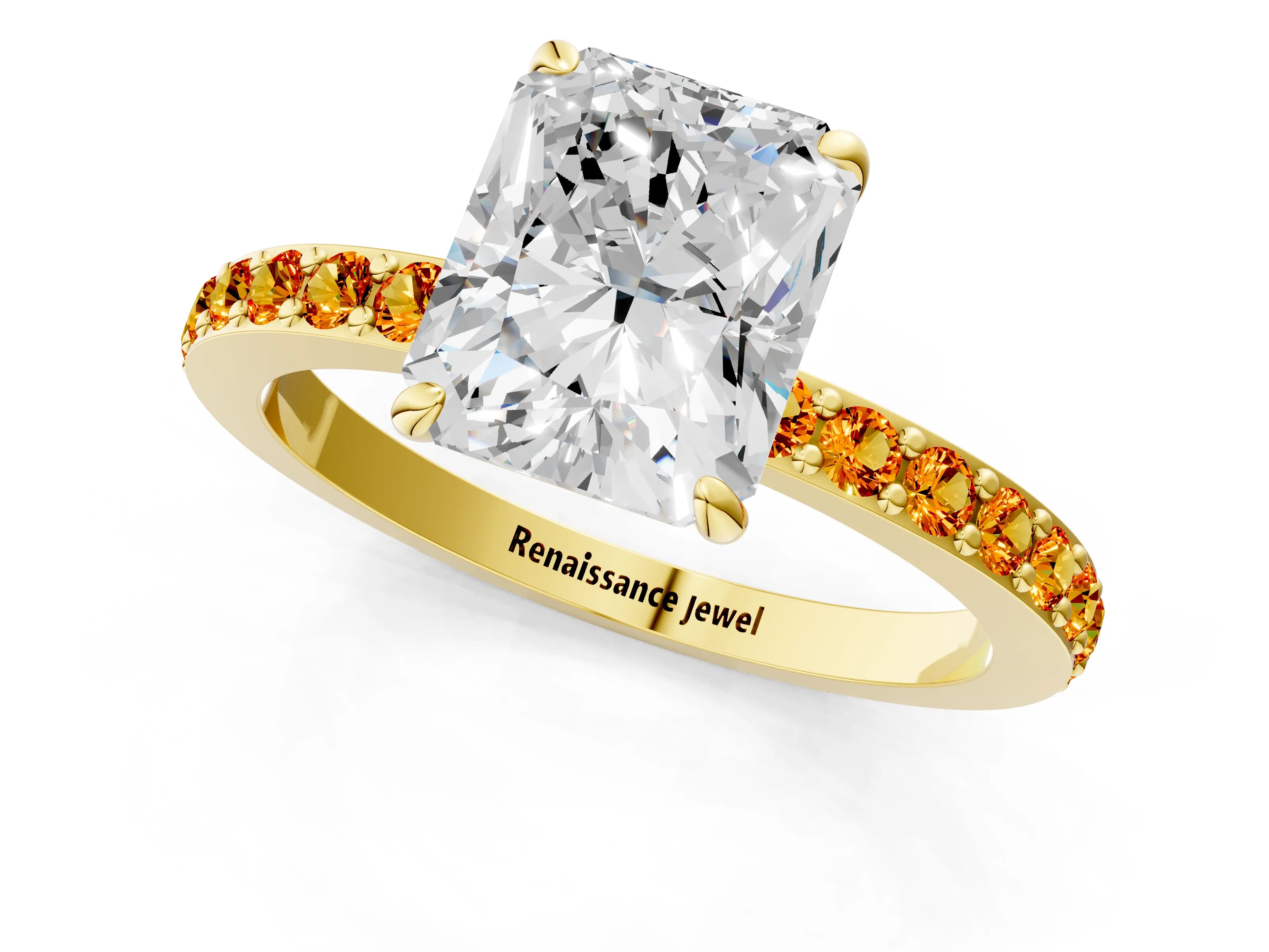 Yellow gold Radiant Cut Diamond Pavé Engagement Ring with Round with Citrine side stone Accents and Prong Setting_1