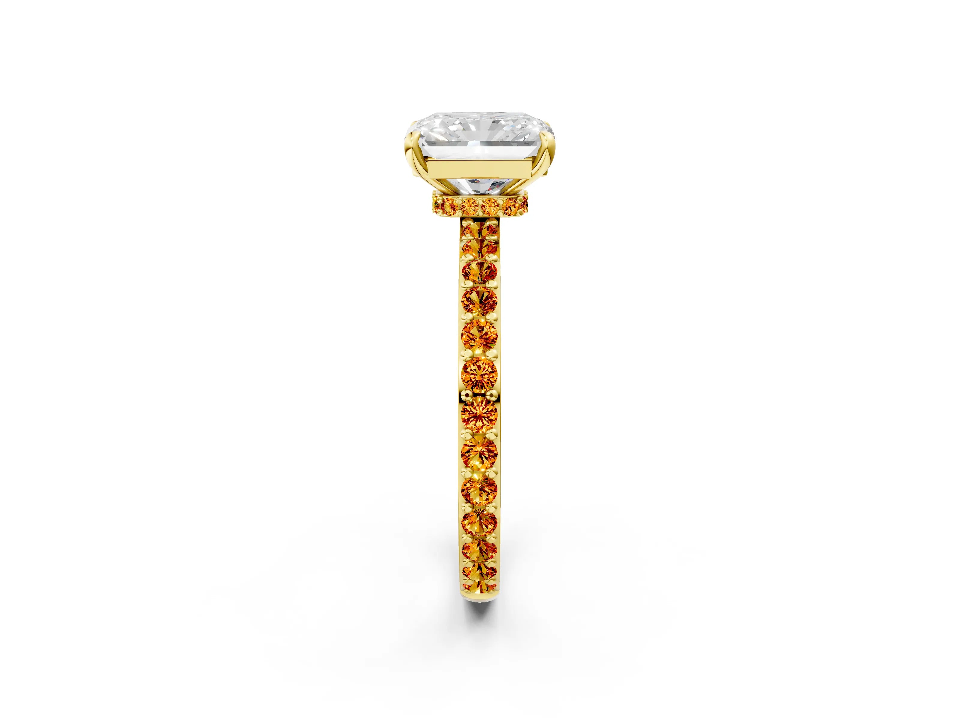 Yellow gold Radiant Cut Diamond Pavé Engagement Ring with Round with Citrine side stone Accents and Prong Setting_2