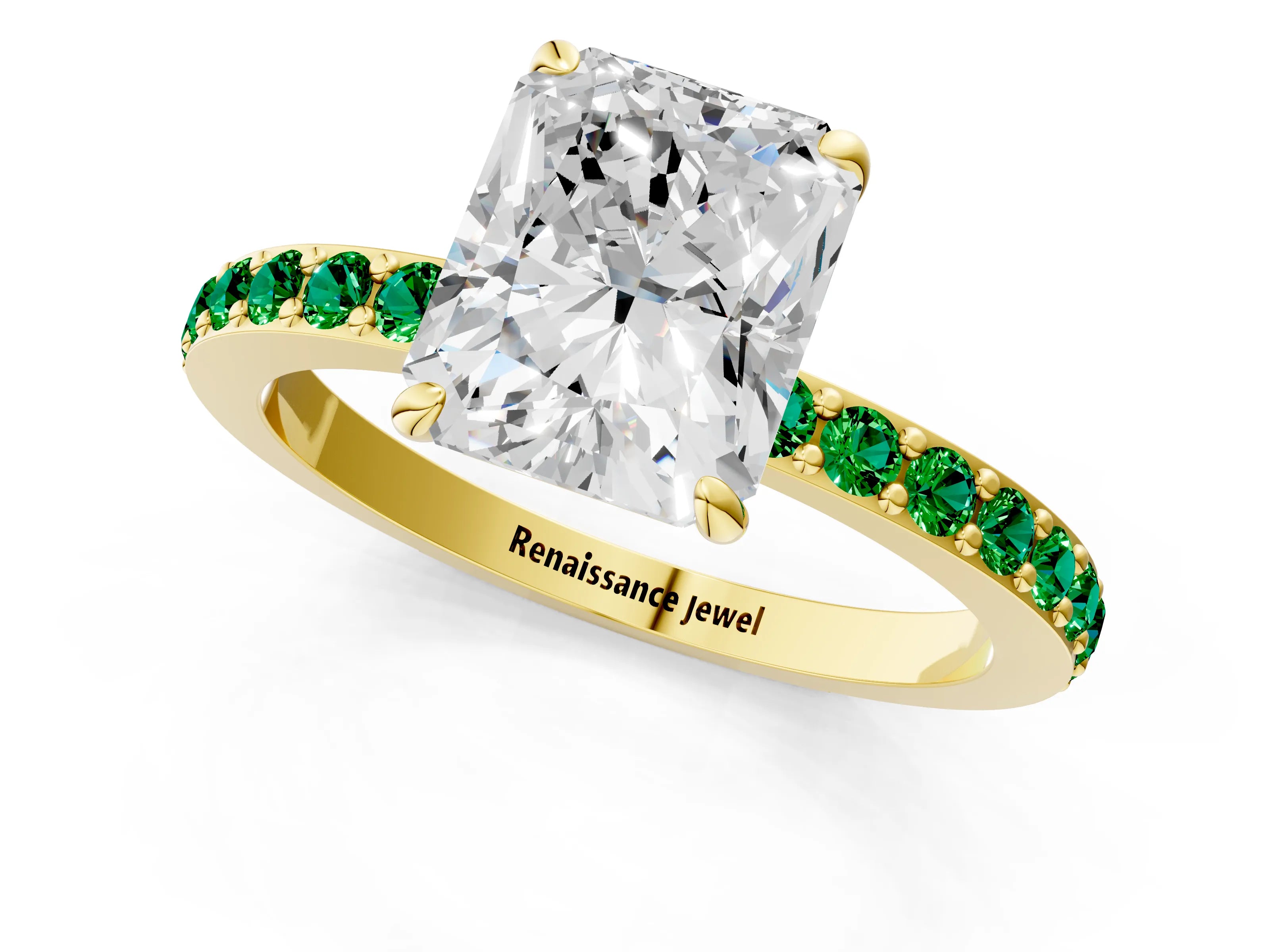 Yellow gold Radiant Cut Diamond Pavé Engagement Ring with Round with Emerald side stone Accents and Prong Setting_1