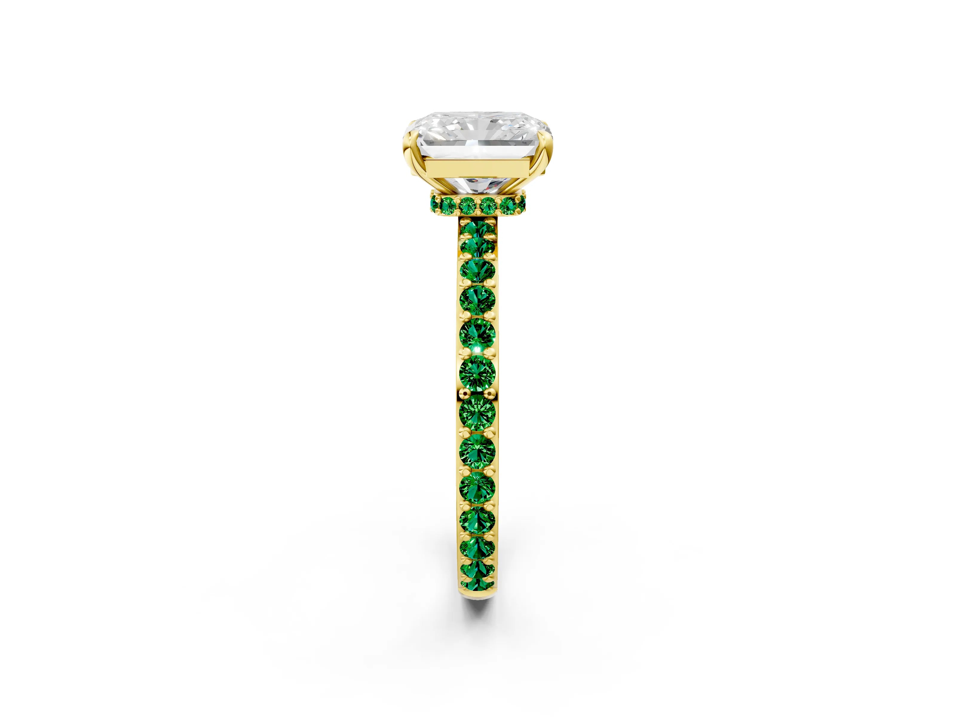 Yellow gold Radiant Cut Diamond Pavé Engagement Ring with Round with Emerald side stone Accents and Prong Setting_2