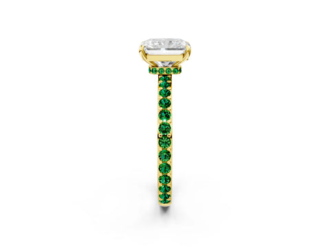 Yellow gold Radiant Cut Diamond Pavé Engagement Ring with Round with Emerald side stone Accents and Prong Setting_2