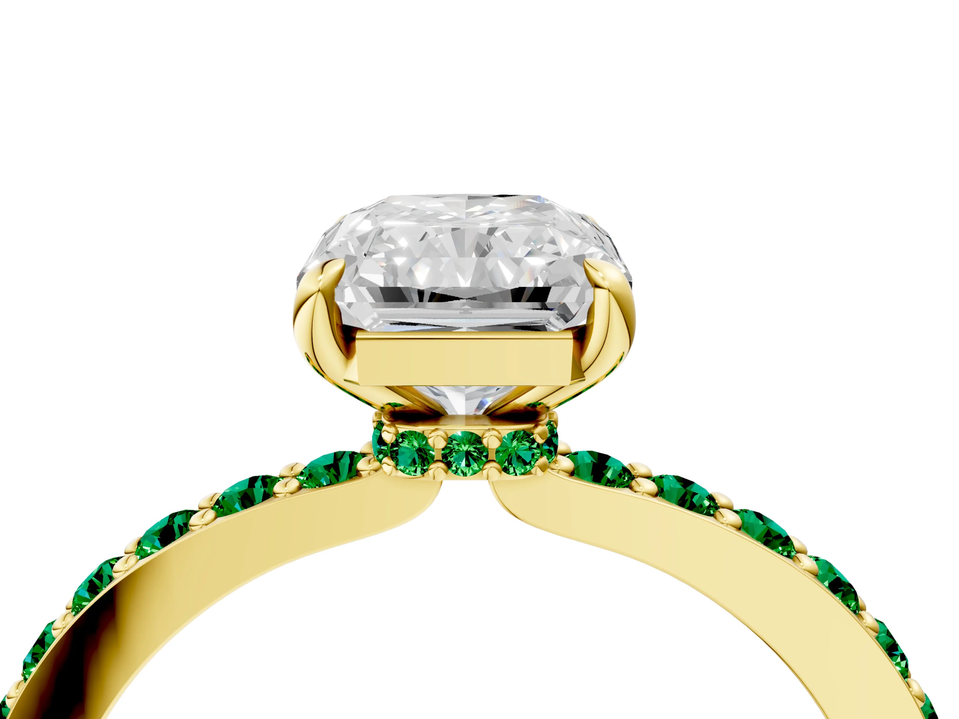 Yellow gold Radiant Cut Diamond Pavé Engagement Ring with Round with Emerald side stone Accents and Prong Setting_4