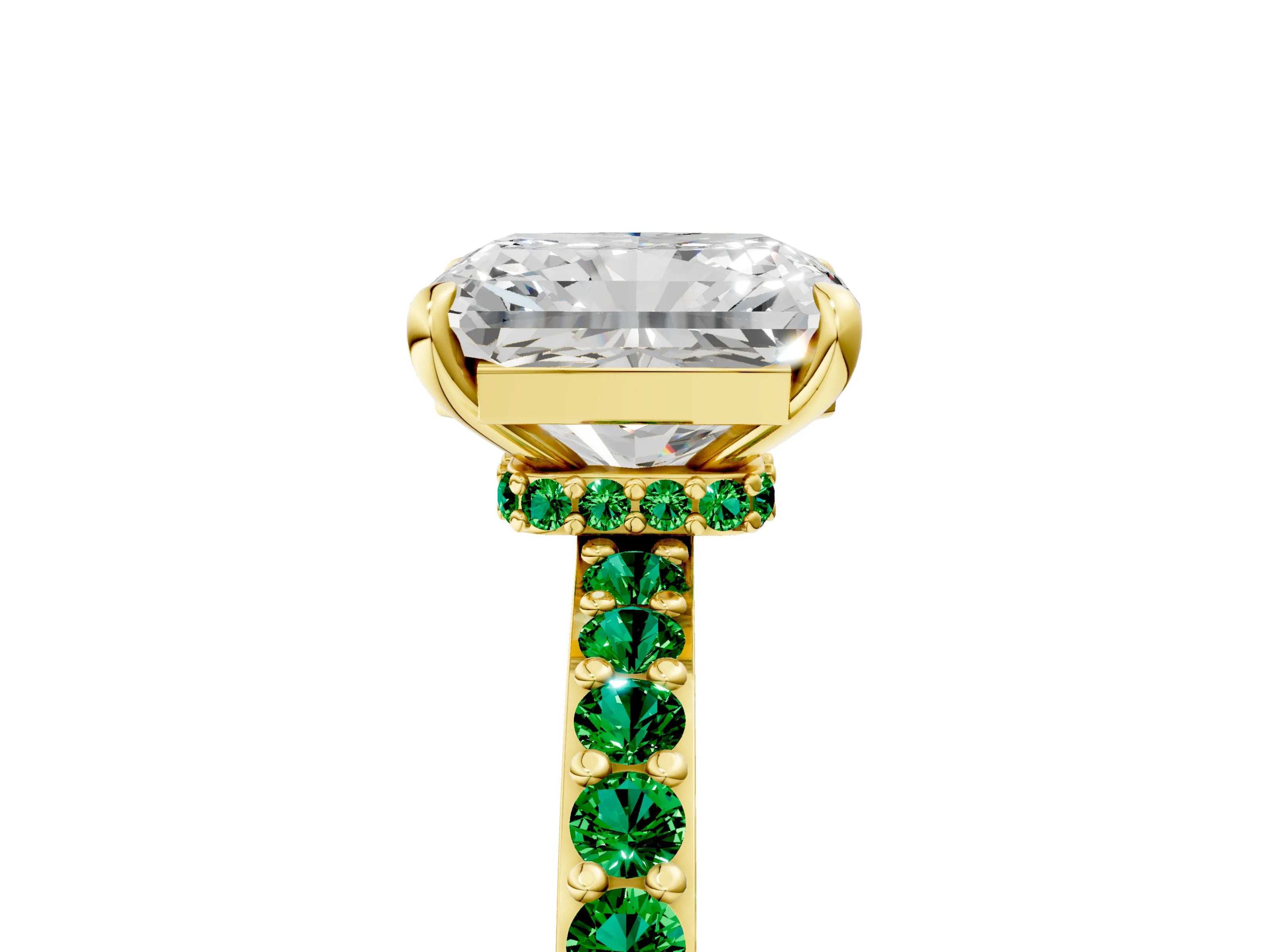 Yellow gold Radiant Cut Diamond Pavé Engagement Ring with Round with Emerald side stone Accents and Prong Setting_5