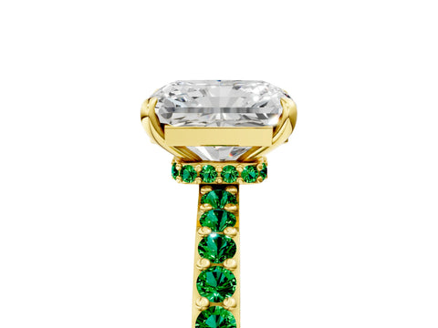 Yellow gold Radiant Cut Diamond Pavé Engagement Ring with Round with Emerald side stone Accents and Prong Setting_5