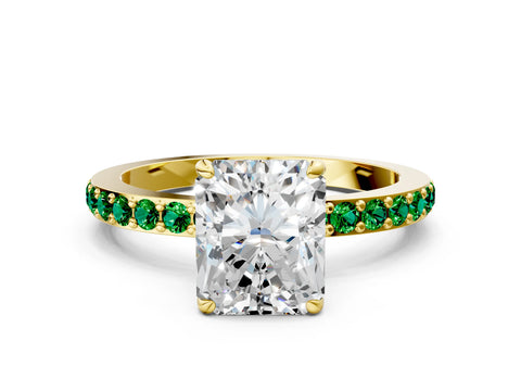 Yellow gold Radiant Cut Diamond Pavé Engagement Ring with Round with Emerald side stone Accents and Prong Setting
