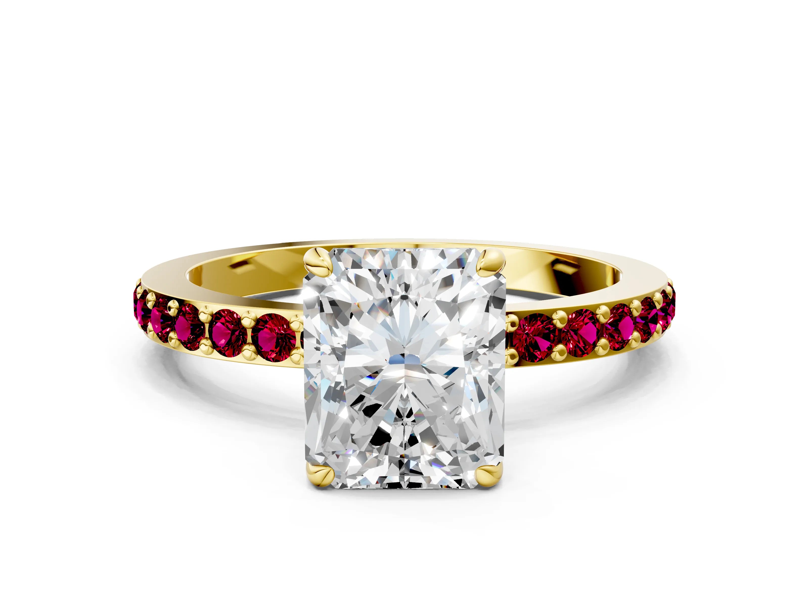 Yellow gold Radiant Cut Diamond Pavé Engagement Ring with Round with Garnet side stone Accents and Prong Setting