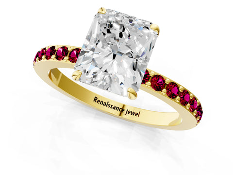 Yellow gold Radiant Cut Diamond Pavé Engagement Ring with Round with Garnet side stone Accents and Prong Setting_1