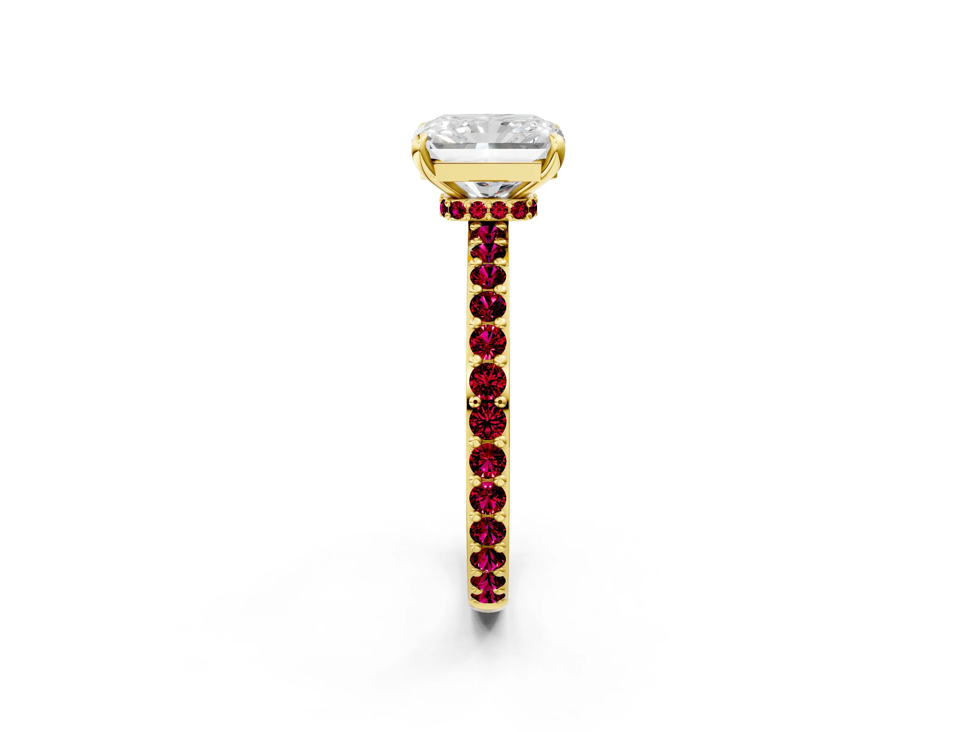 Yellow gold Radiant Cut Diamond Pavé Engagement Ring with Round with Garnet side stone Accents and Prong Setting_2