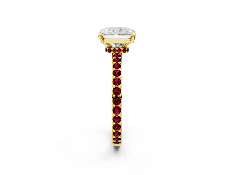 Yellow gold Radiant Cut Diamond Pavé Engagement Ring with Round with Garnet side stone Accents and Prong Setting_2