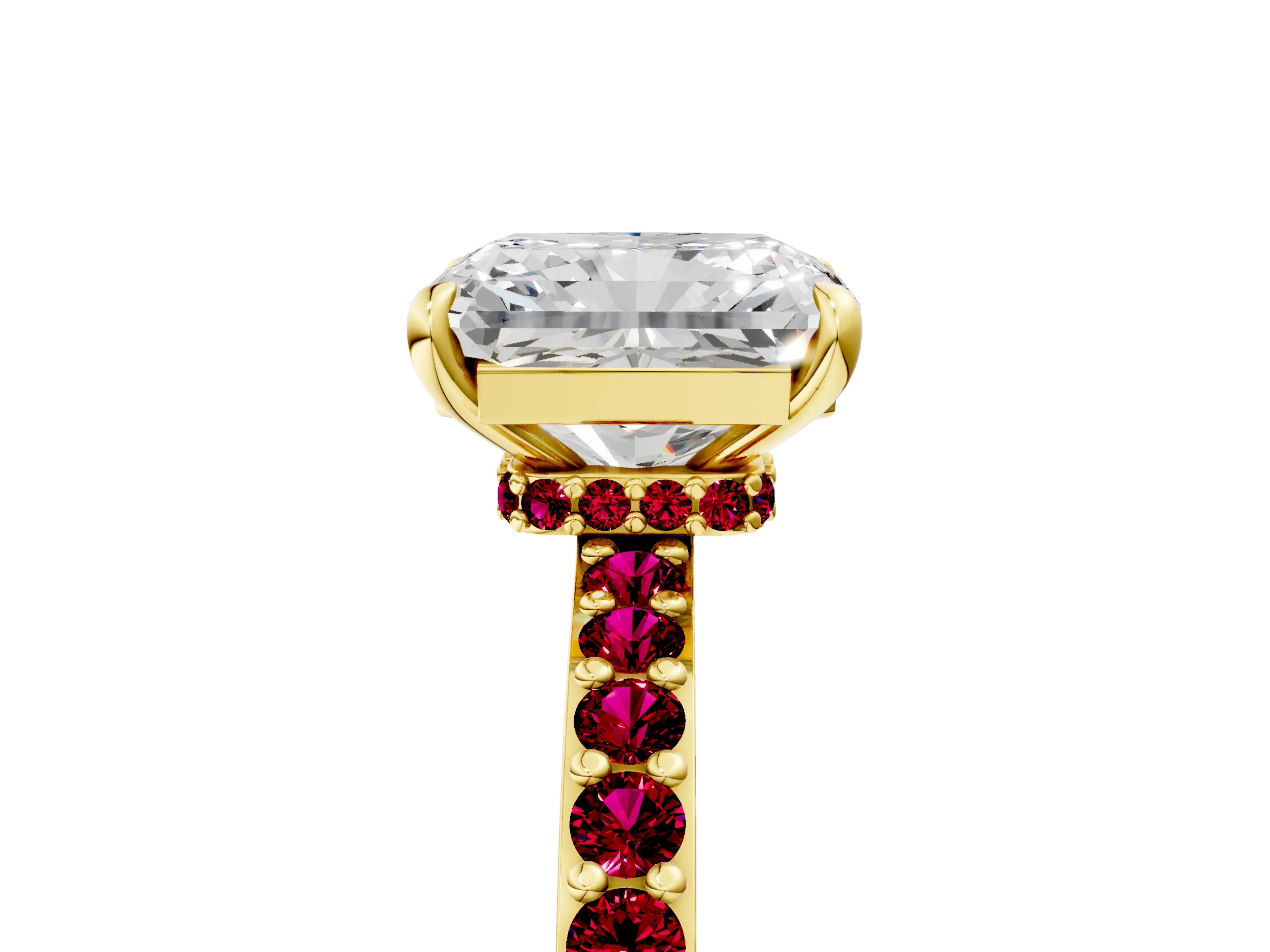 Yellow gold Radiant Cut Diamond Pavé Engagement Ring with Round with Garnet side stone Accents and Prong Setting_5